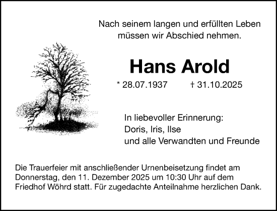 Traueranzeige von Hans Arold von Gesamtausgabe Nürnberger Nachrichten/ Nürnberger Ztg.