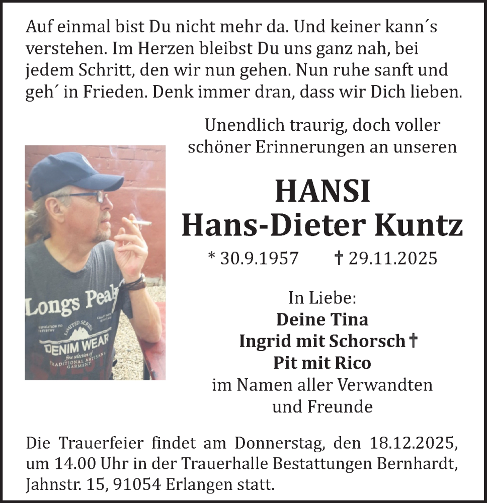  Traueranzeige für Hans-Dieter Kuntz vom 13.12.2025 aus Erlanger Nachrichten Lokal