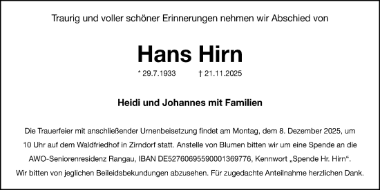 Traueranzeige von Hans Hirn von Fürther Nachrichten Lokal