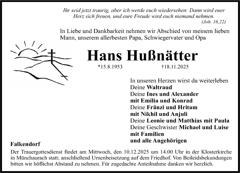  Traueranzeige für Hans Hußmüller vom 06.12.2025 aus Nordbayerische Nachrichten Herzogenaurach Lokal