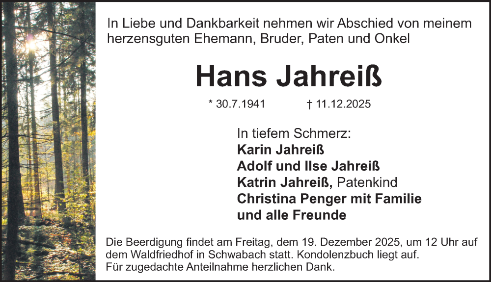  Traueranzeige für Hans Jahreiß vom 17.12.2025 aus Schwabacher Tagblatt Lokal