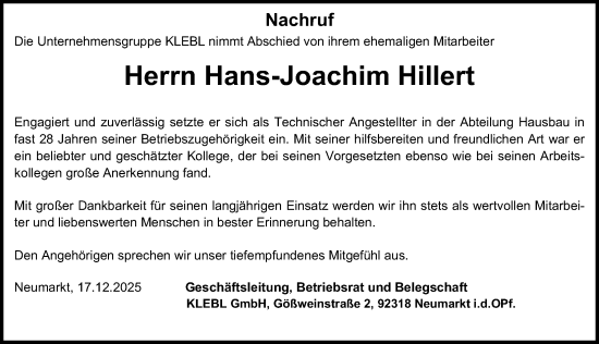 Traueranzeige von Hans-Joachim Hillert von Neumarkter Nachrichten Lokal