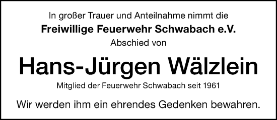 Traueranzeige von Hans-Jürgen Wälzlein von Schwabacher Tagblatt Lokal