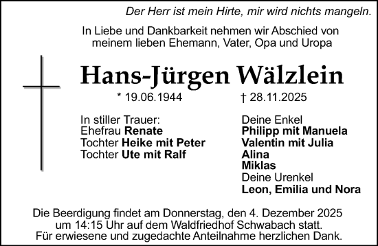 Traueranzeige von Hans-Jürgen Wälzlein von Schwabacher Tagblatt Lokal