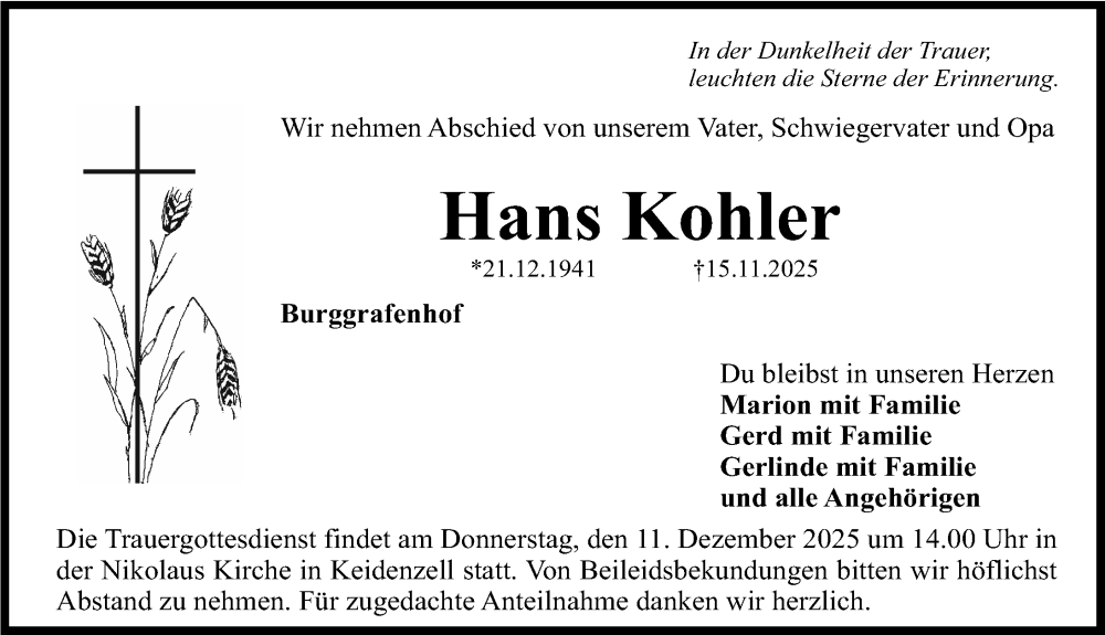  Traueranzeige für Hans Kohler vom 05.12.2025 aus Fürther Nachrichten Lokal