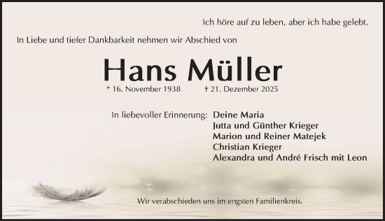 Traueranzeige von Hans Müller von Gesamtausgabe Nürnberger Nachrichten/ Nürnberger Ztg.