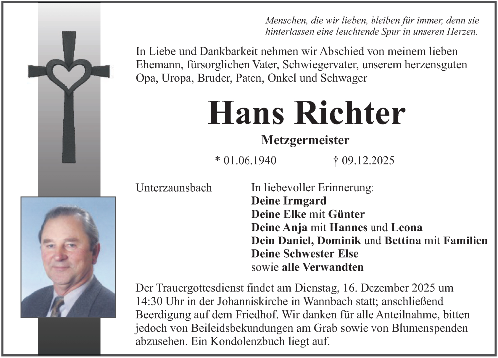  Traueranzeige für Hans Richter vom 13.12.2025 aus Nordbayerische Nachrichten Forchheim Lokal