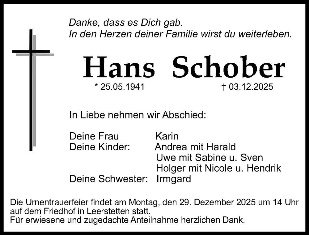  Traueranzeige für Hans Schober vom 20.12.2025 aus Gesamtausgabe Nürnberger Nachrichten/ Nürnberger Ztg.