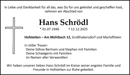 Traueranzeige von Hans Schrödl von Roth-Hilpoltsteiner Volkszeitung Lokal