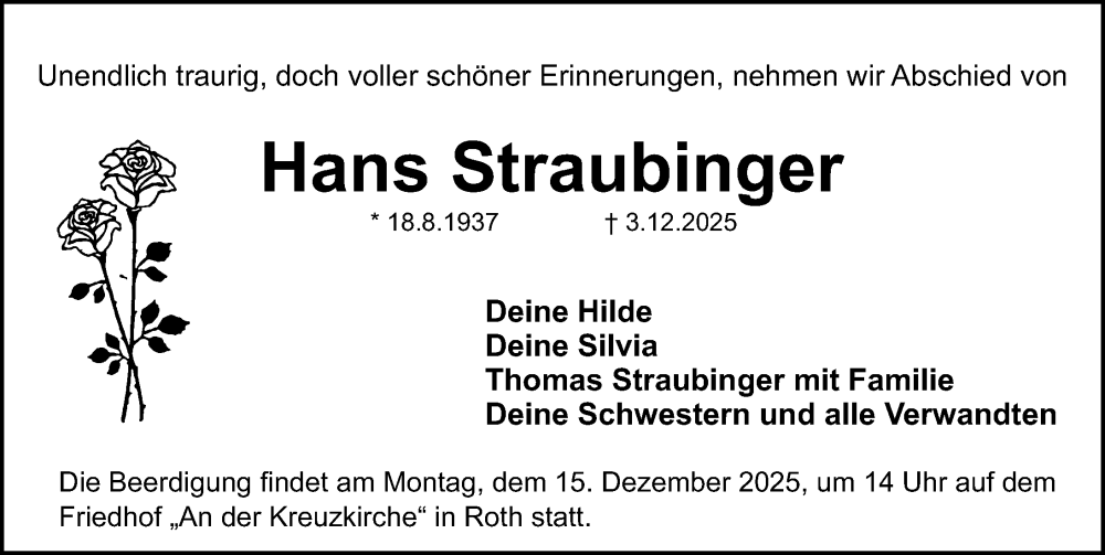  Traueranzeige für Hans Straubinger vom 10.12.2025 aus Gesamtausgabe Nürnberger Nachrichten/ Nürnberger Ztg.