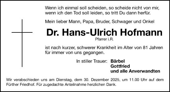 Traueranzeige von Hans-Ulrich Hofmann von Fürther Nachrichten Lokal