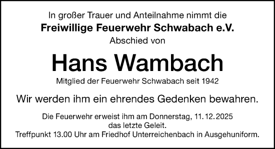 Traueranzeige von Hans Wambach von Schwabacher Tagblatt Lokal