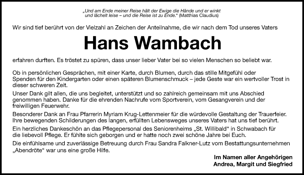  Traueranzeige für Hans Wambach vom 20.12.2025 aus Schwabacher Tagblatt Lokal