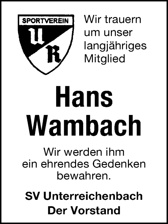 Traueranzeige von Hans Wambach von Schwabacher Tagblatt Lokal