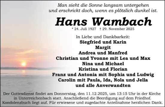Traueranzeige von Hans Wambach von Schwabacher Tagblatt Lokal