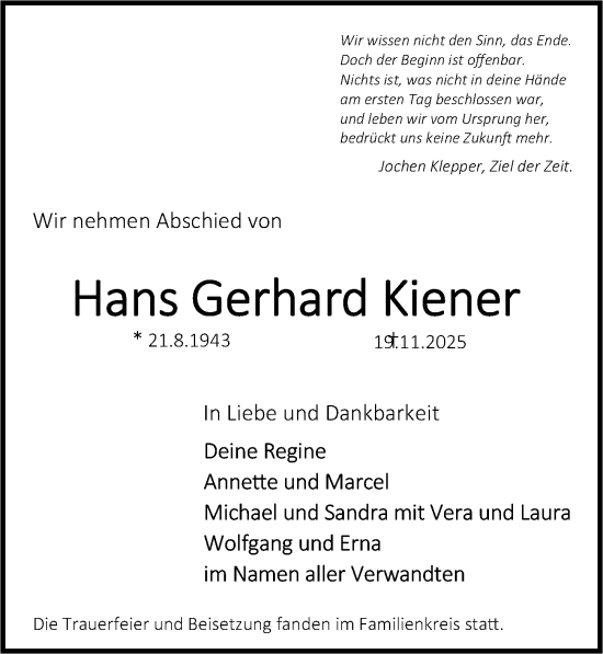 Traueranzeige von Hans Gerhard Kiener von Erlanger Nachrichten Lokal