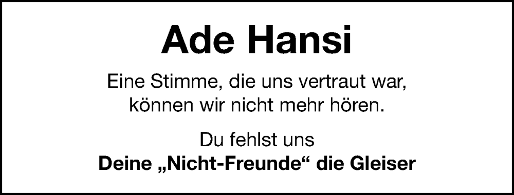  Traueranzeige für Hansi  vom 20.12.2025 aus Erlanger Nachrichten Lokal
