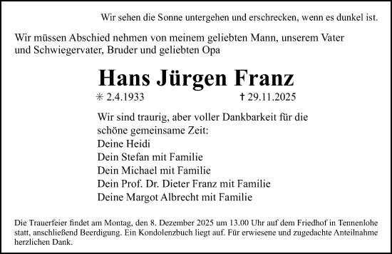Traueranzeige von Hans Jürgen Franz von Erlanger Nachrichten Lokal