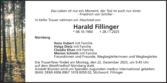 Traueranzeige von Harald Fillinger von Gesamtausgabe Nürnberger Nachrichten/ Nürnberger Ztg.
