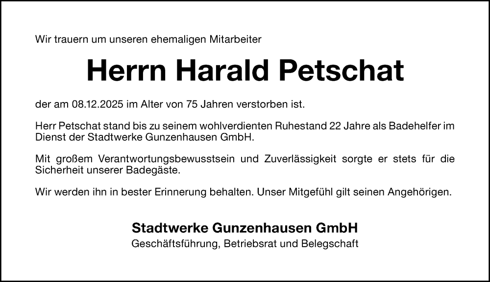  Traueranzeige für Harald Petschat vom 18.12.2025 aus Altmühl-Bote Lokal