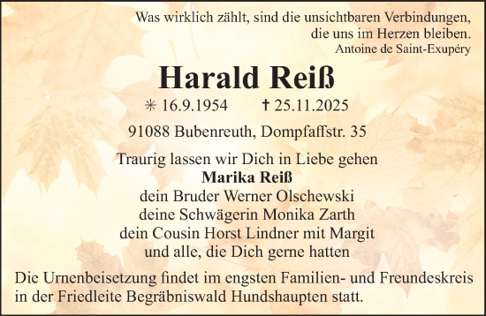 Traueranzeige von Harald Reiß von Erlanger Nachrichten Lokal
