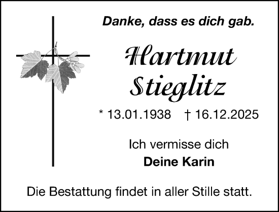 Traueranzeige von Hartmut Stieglitz von Gesamtausgabe Nürnberger Nachrichten/ Nürnberger Ztg.