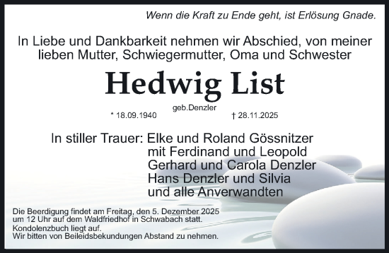 Traueranzeige von Hedwig List von Schwabacher Tagblatt Lokal