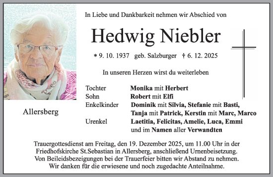 Traueranzeige von Hedwig Niebler von Roth-Hilpoltsteiner Volkszeitung Lokal