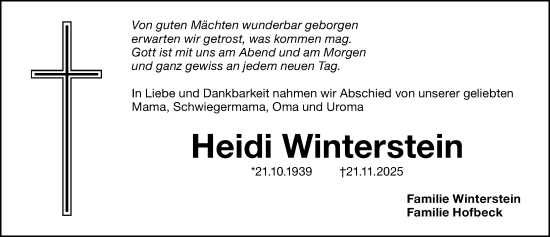 Traueranzeige von Heidi Winterstein von Gesamtausgabe Nürnberger Nachrichten/ Nürnberger Ztg.