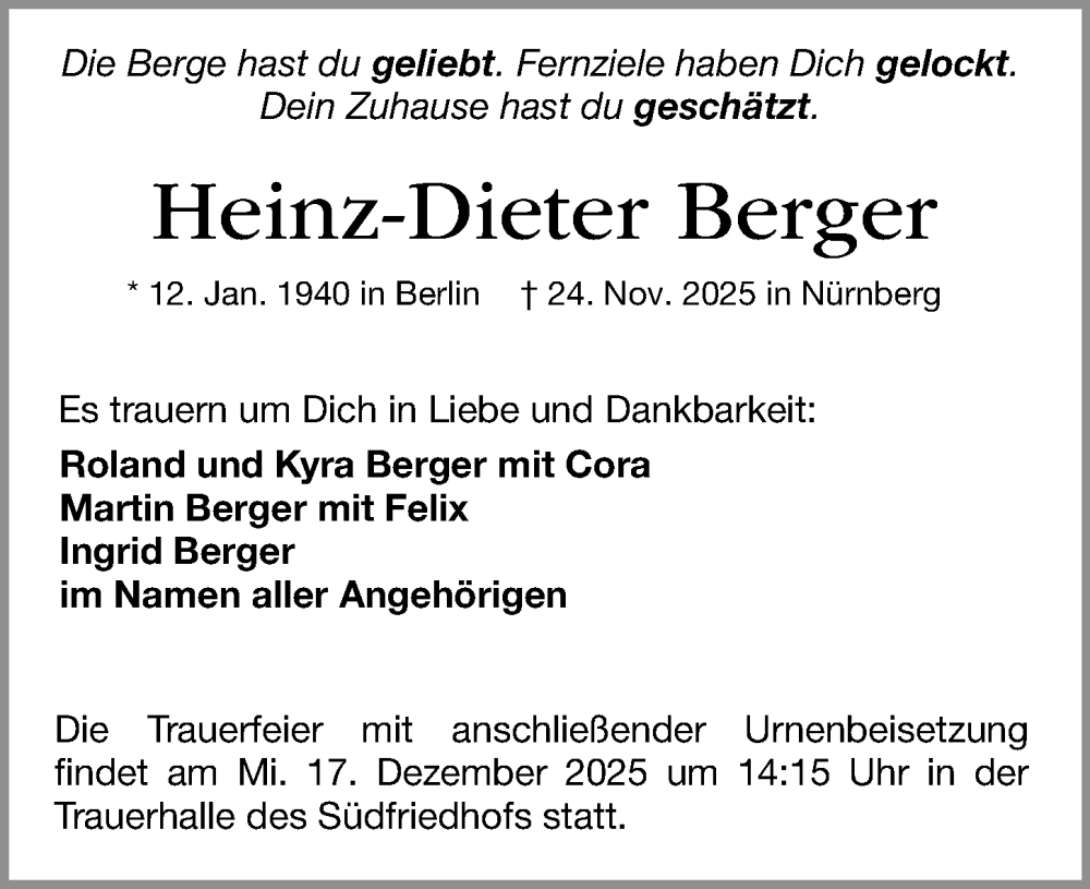  Traueranzeige für Heinz-Dieter Berger vom 13.12.2025 aus Gesamtausgabe Nürnberger Nachrichten/ Nürnberger Ztg.