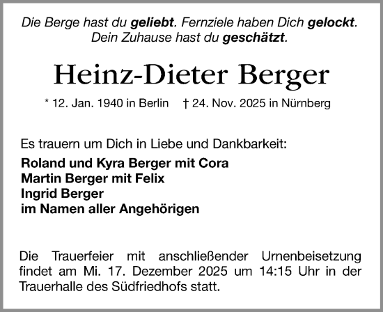 Traueranzeige von Heinz-Dieter Berger von Gesamtausgabe Nürnberger Nachrichten/ Nürnberger Ztg.
