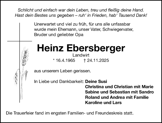Traueranzeige von Heinz Ebersberger von Gesamtausgabe Nürnberger Nachrichten/ Nürnberger Ztg.
