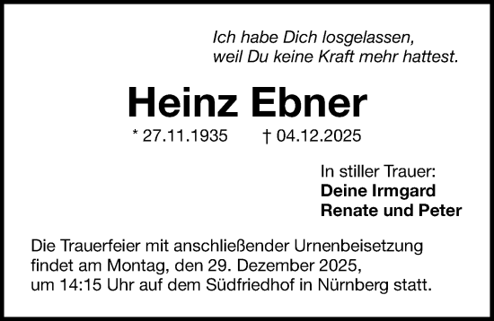 Traueranzeige von Heinz Ebner von Gesamtausgabe Nürnberger Nachrichten/ Nürnberger Ztg.