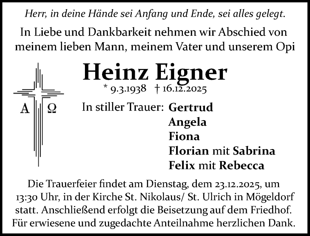  Traueranzeige für Heinz Eigner vom 20.12.2025 aus Gesamtausgabe Nürnberger Nachrichten/ Nürnberger Ztg.