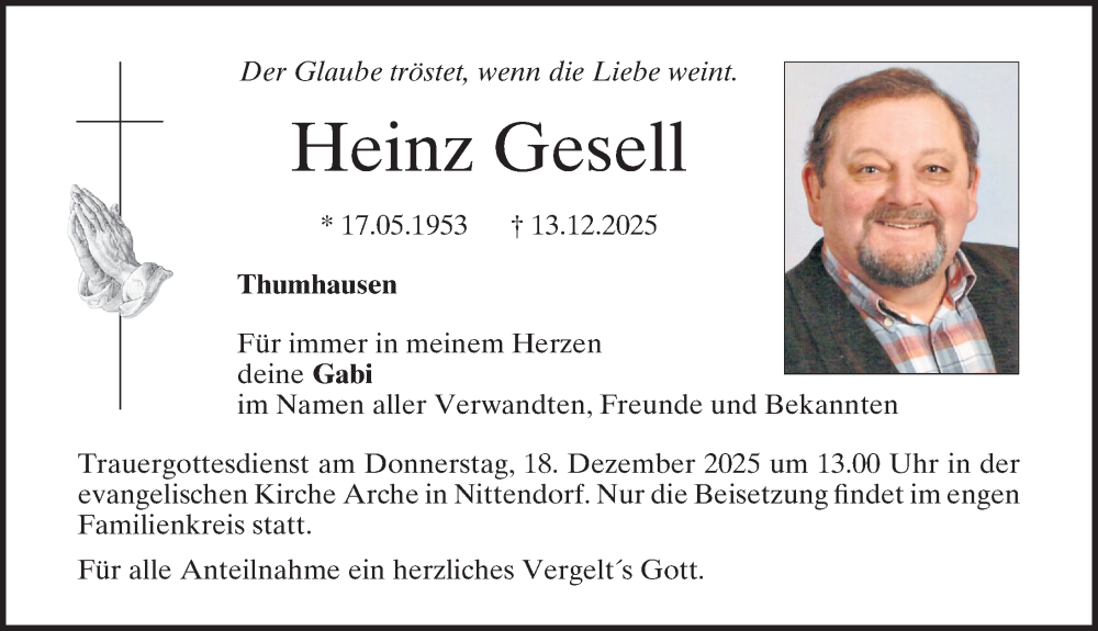  Traueranzeige für Heinz Gesell vom 17.12.2025 aus Erlanger Nachrichten Lokal