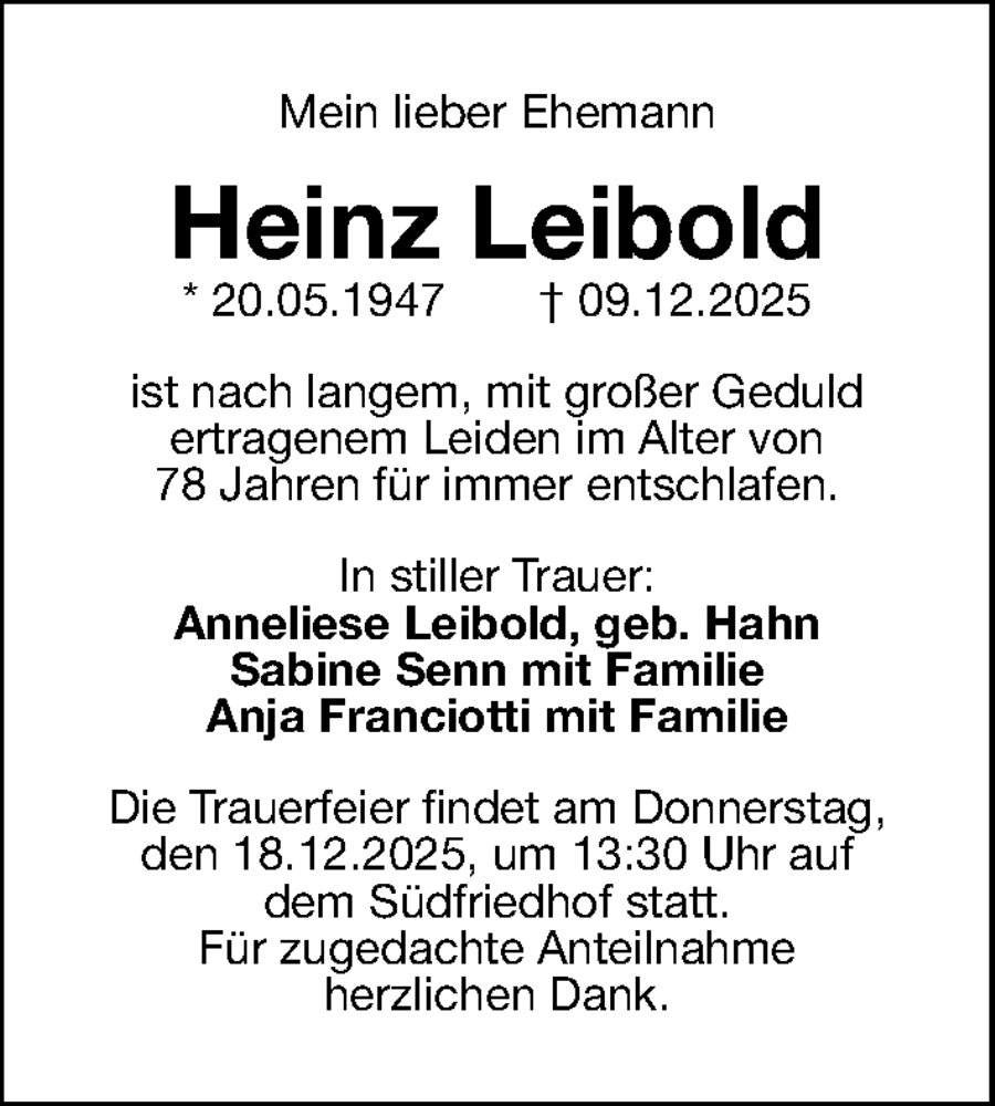  Traueranzeige für Heinz Leibold vom 17.12.2025 aus Gesamtausgabe Nürnberger Nachrichten/ Nürnberger Ztg.