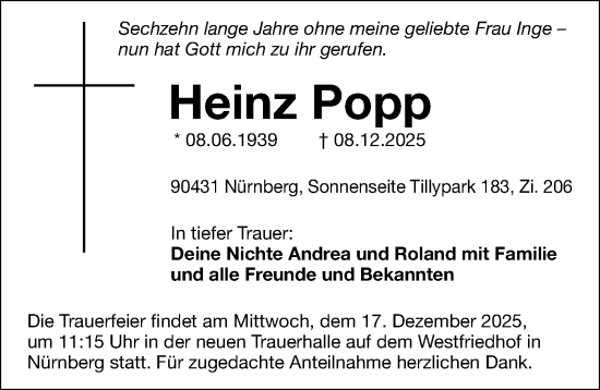 Traueranzeige von Heinz Popp von Gesamtausgabe Nürnberger Nachrichten/ Nürnberger Ztg.