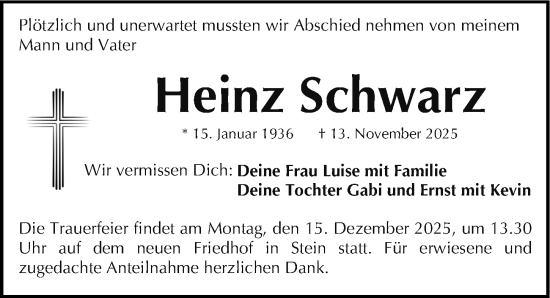 Traueranzeige von Heinz Schwarz von Gesamtausgabe Nürnberger Nachrichten/ Nürnberger Ztg.