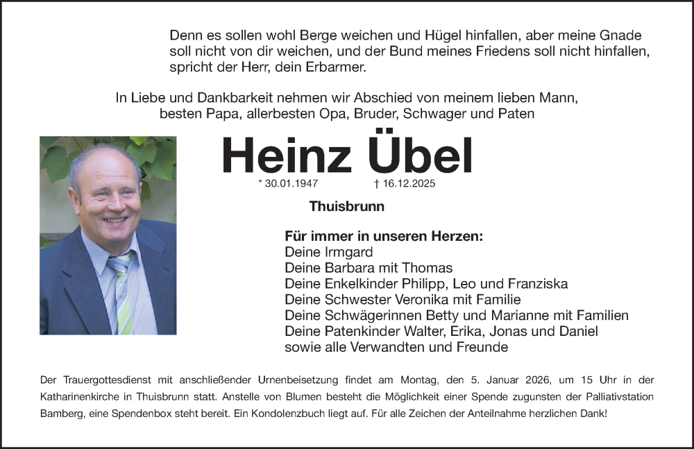  Traueranzeige für Heinz Übel vom 27.12.2025 aus Nordbayerische Nachrichten Forchheim Lokal