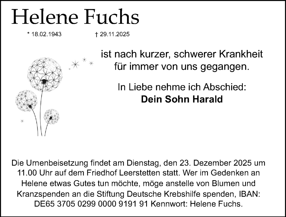  Traueranzeige für Helene Fuchs vom 20.12.2025 aus Gesamtausgabe Nürnberger Nachrichten/ Nürnberger Ztg./ Schwabach