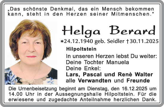 Traueranzeige von Helga Berard von Roth-Hilpoltsteiner Volkszeitung Lokal