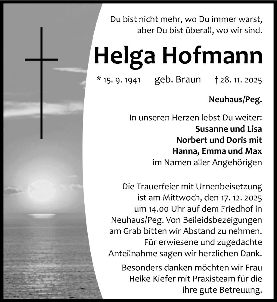  Traueranzeige für Helga Hofmann vom 13.12.2025 aus Nordbayerische Nachrichten Pegnitz Lokal