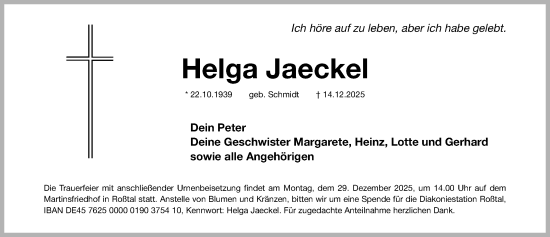 Traueranzeige von Helga Jaeckel von Fürther Nachrichten Lokal