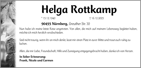Traueranzeige von Helga Rottkamp von Gesamtausgabe Nürnberger Nachrichten/ Nürnberger Ztg./ Schwabach