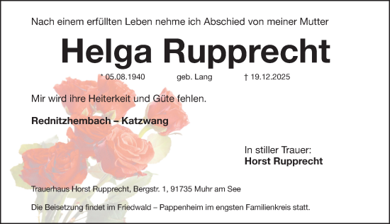 Traueranzeige von Helga Rupprecht von Schwabacher Tagblatt Lokal