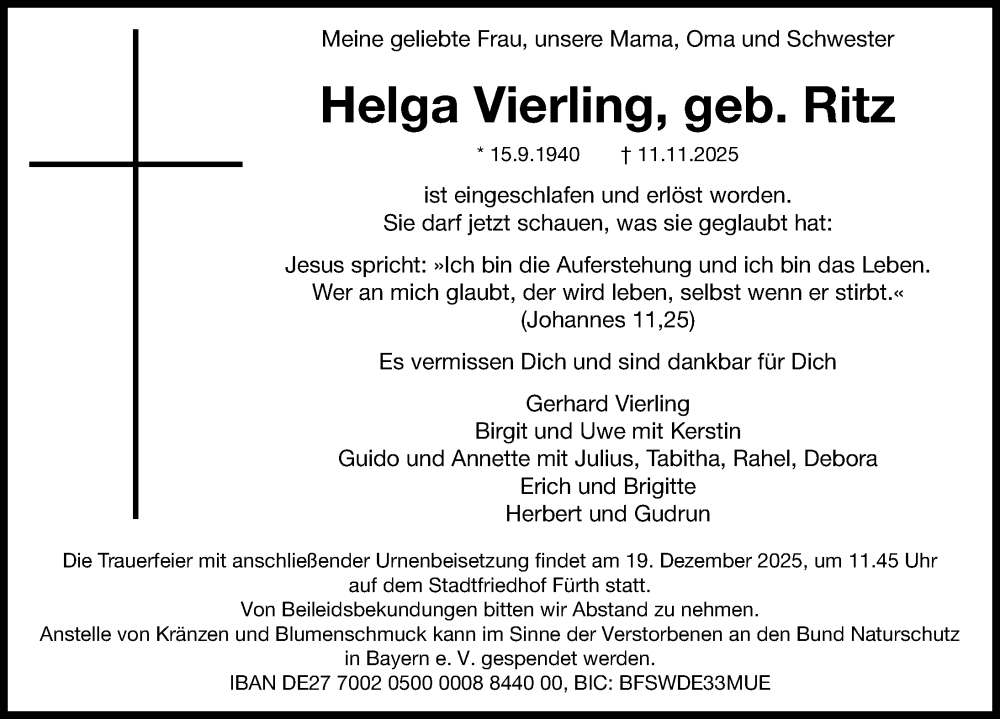  Traueranzeige für Helga Vierling vom 13.12.2025 aus Fürther Nachrichten Lokal