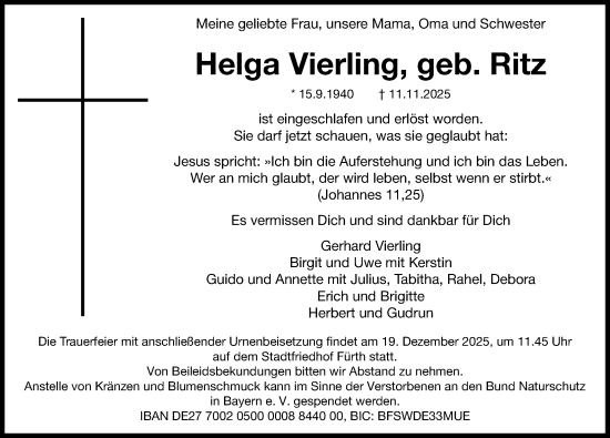 Traueranzeige von Helga Vierling von Fürther Nachrichten Lokal