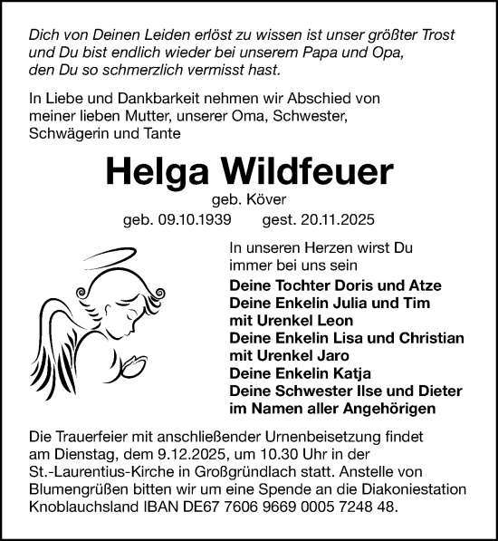 Traueranzeige von Helga Wildfeuer von Gesamtausgabe Nürnberger Nachrichten/ Nürnberger Ztg.