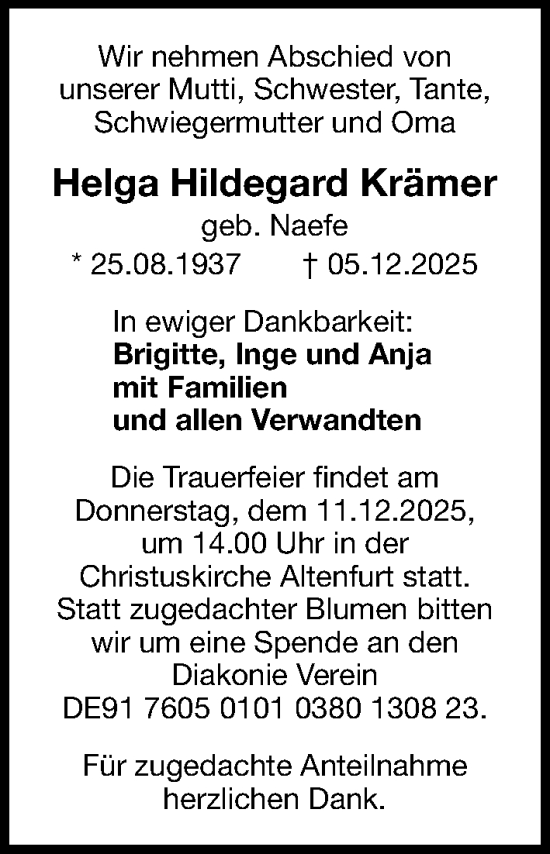 Traueranzeige von Helga Hildegard Krämer von Gesamtausgabe Nürnberger Nachrichten/ Nürnberger Ztg.