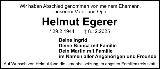 Traueranzeige von Helmut Egerer von Schwabacher Tagblatt Lokal